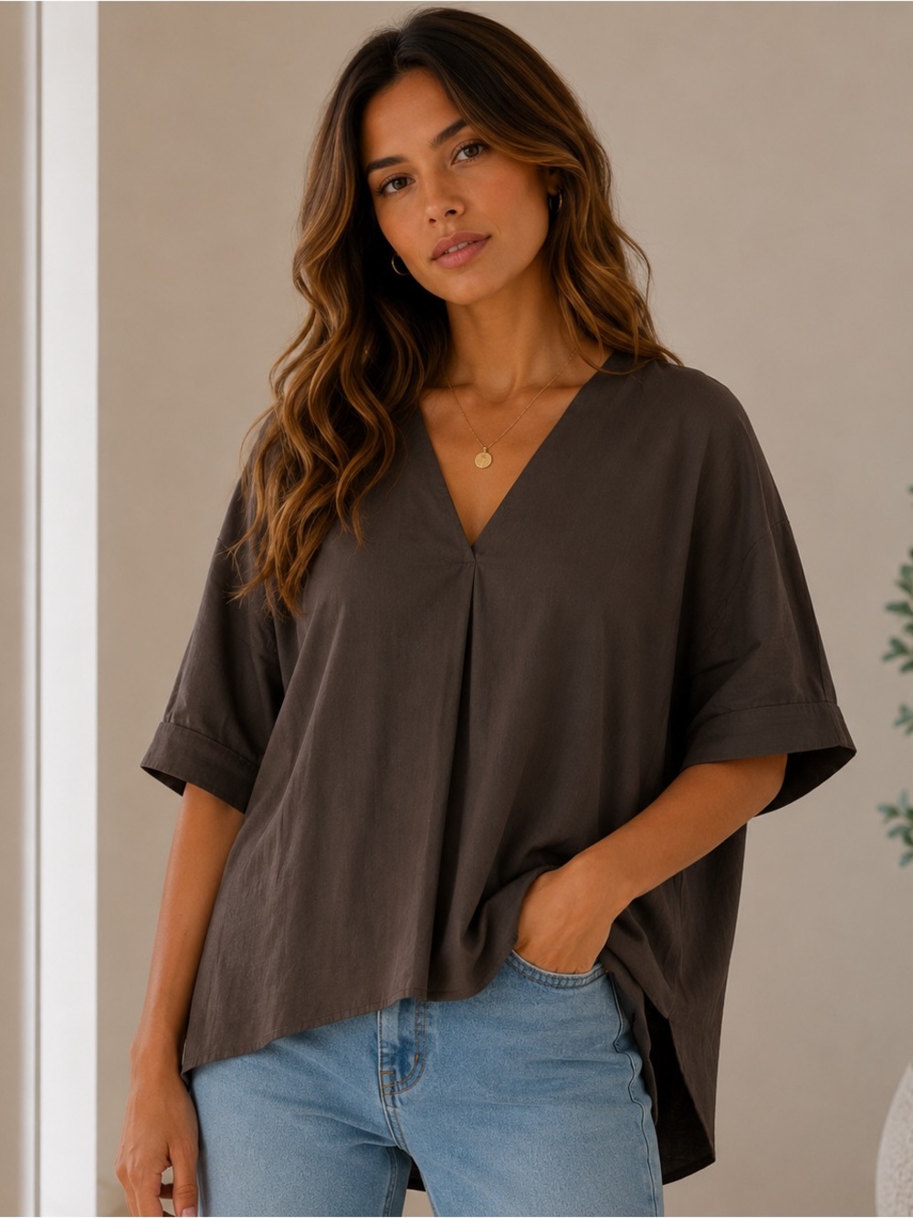 Sincerely Ours Brown Oversized V-Neck Blouse‎ Size Medium Dolman Sleeve